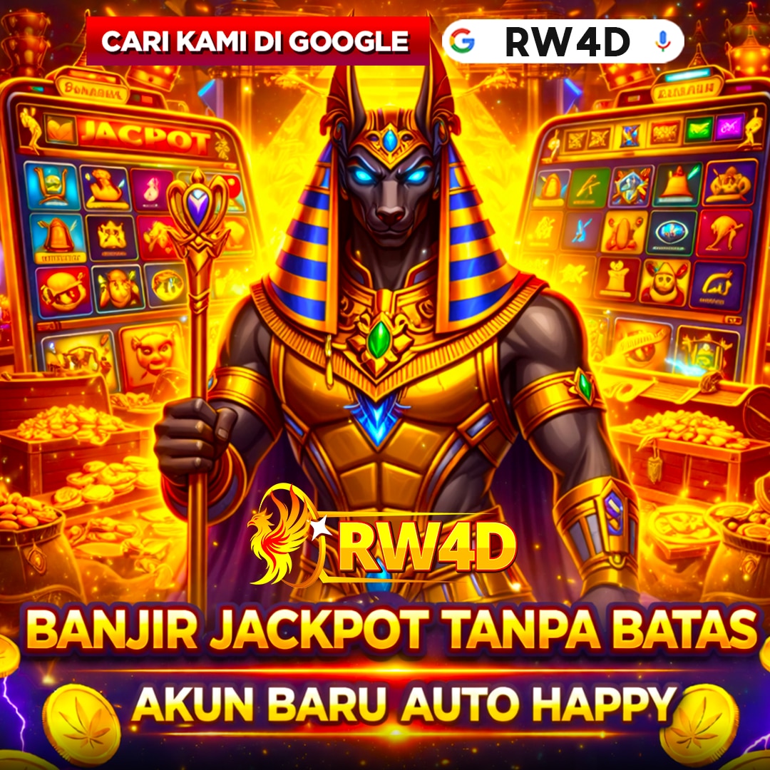 Poster RW4D ilustrasi tokoh fantasi berwarna emas dan ornamen hiburan digital